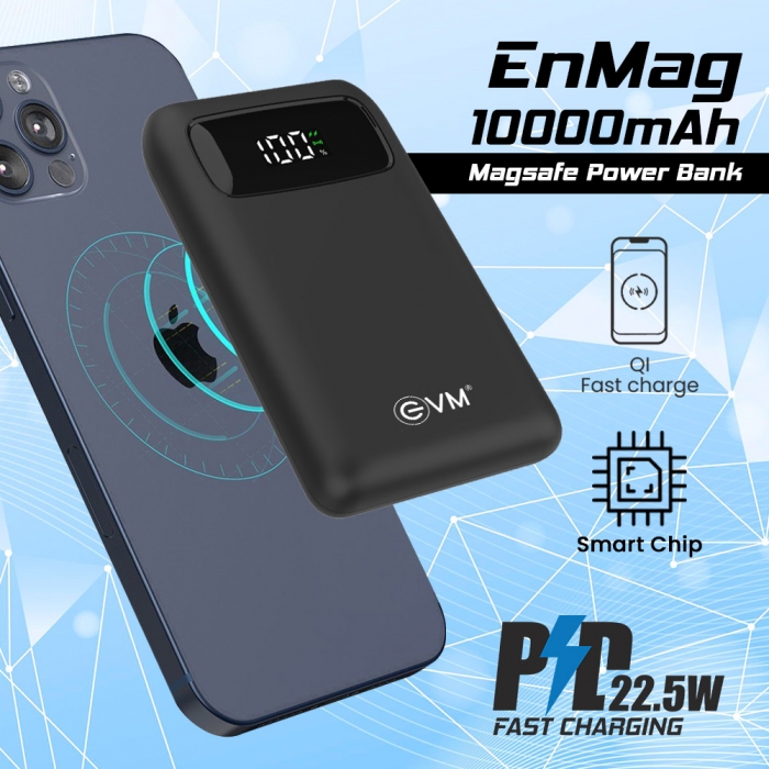 EVM EnMag MagSafe 10000 mAh Power Bank with 15W Max Wireless Charging,  Digital Indicator, QI Fast Charge, Air Allowable (P0209, Black)